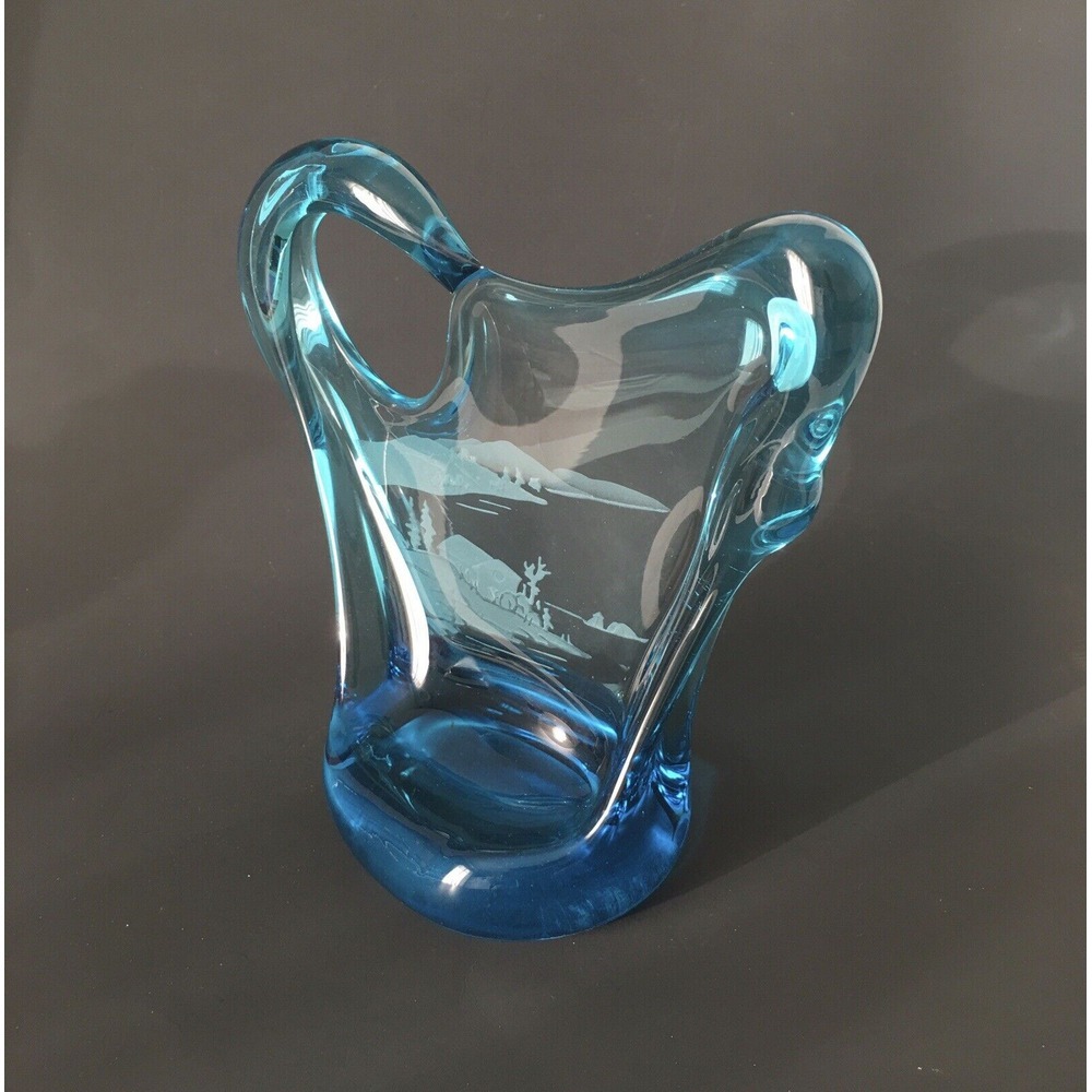Blue Art Glass Etched Outdoor Scenery Stunning Unknown Artist - Picture 8 of 16